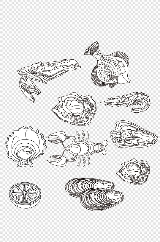 手绘卡通线描海洋生物动物免扣元素