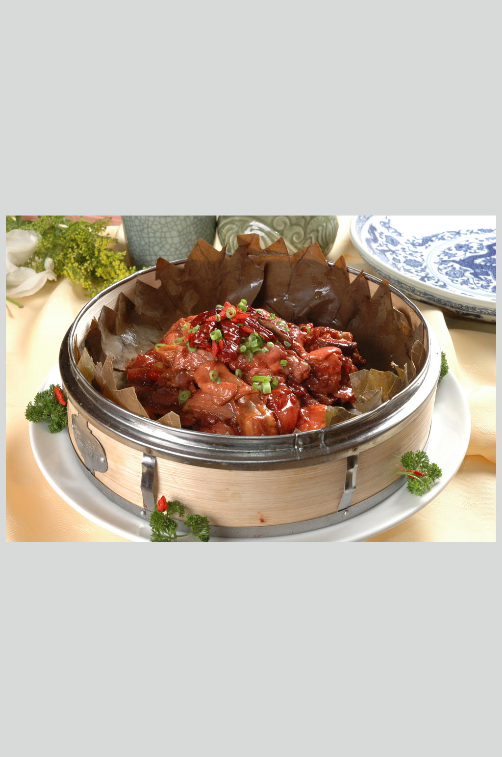 笼仔白菇蒸滑鸡美食高清图片素材