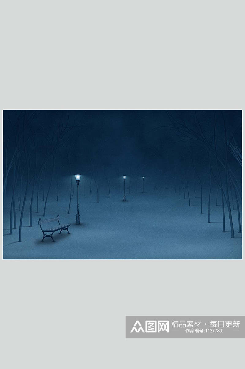 夜景雪景路灯道路长椅风景背景图素材