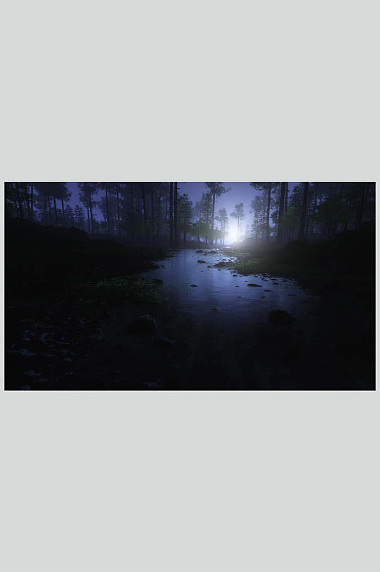 夜晚森林小溪摄影图