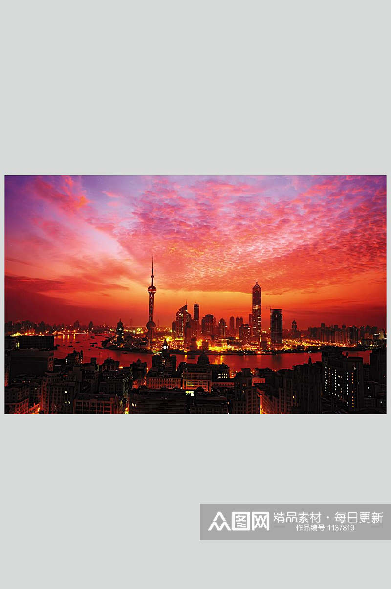绯红夜景上海东方之珠风景背景图素材
