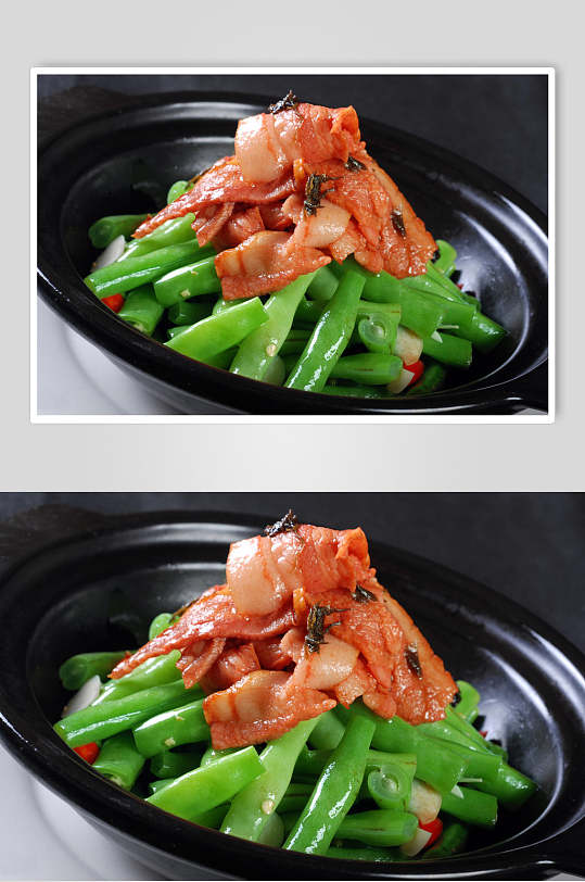 热高清美食菜品摄影图片培根豆角煲