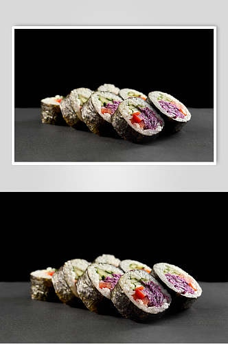寿司美食六个海苔卷日式餐单黑底摄影图