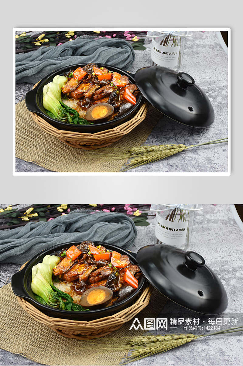 砂锅饭中式美食扣肉卤蛋蔬菜套餐免抠背景素材