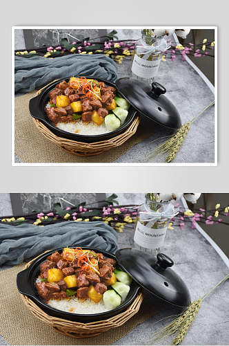 美味砂锅饭中式简餐排骨土豆蔬菜摄影图