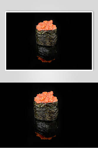 寿司美食一个肉沫海苔卷黑底摄影图