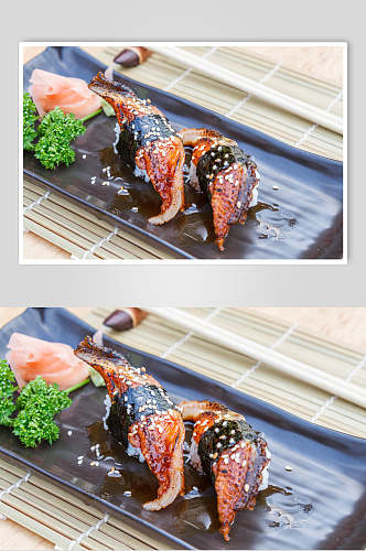 寿司美食两个鳗鱼手握菜单摄影图
