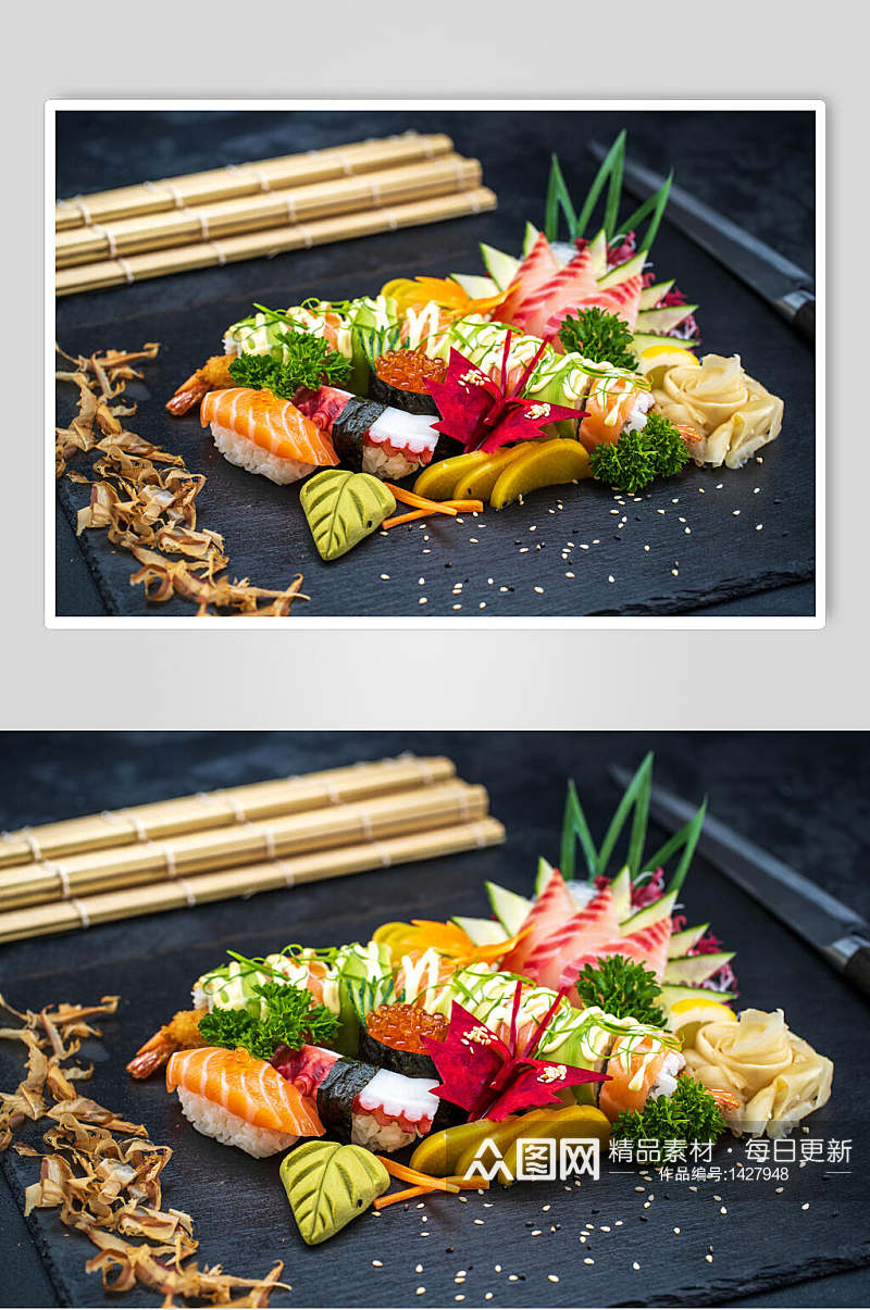 寿司美食手握小卷套餐摆盘艺术视觉摄影图素材