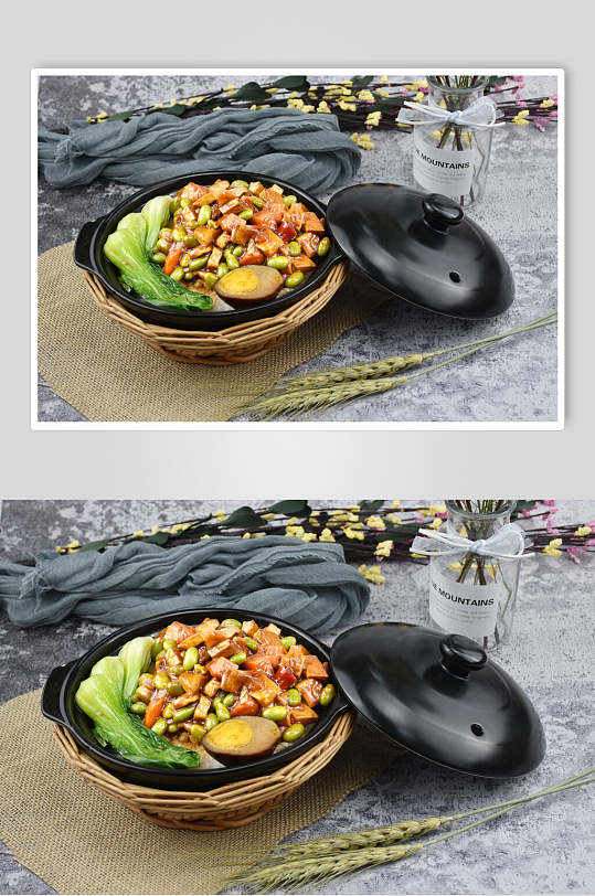美味砂锅饭中式简餐炒肉卤蛋蔬菜摄影图
