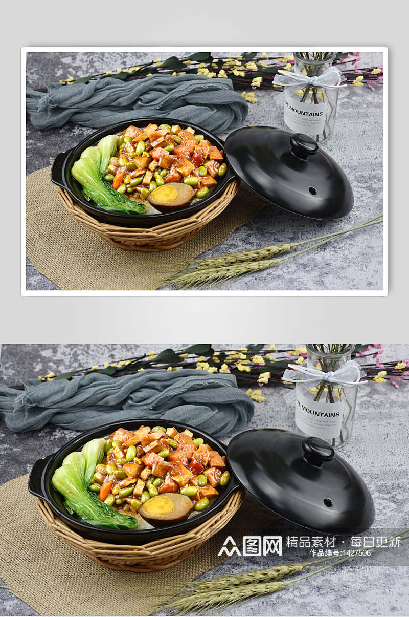 美味砂锅饭中式简餐炒肉卤蛋蔬菜摄影图素材