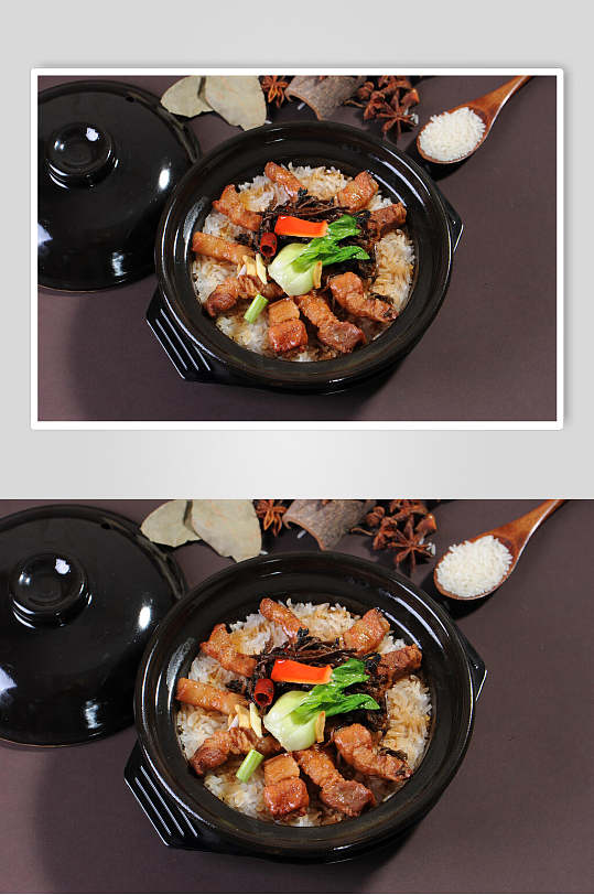 美味砂锅饭中式简餐红烧肉菜单摄影图