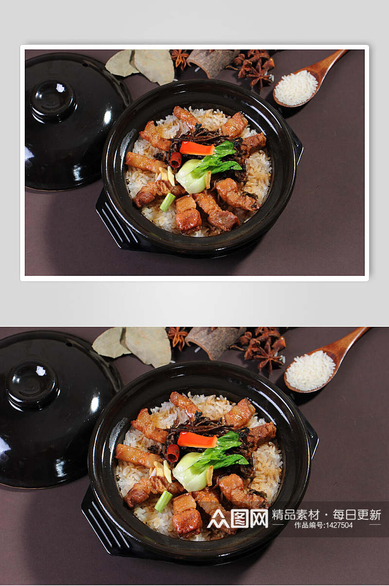 美味砂锅饭中式简餐红烧肉菜单摄影图素材