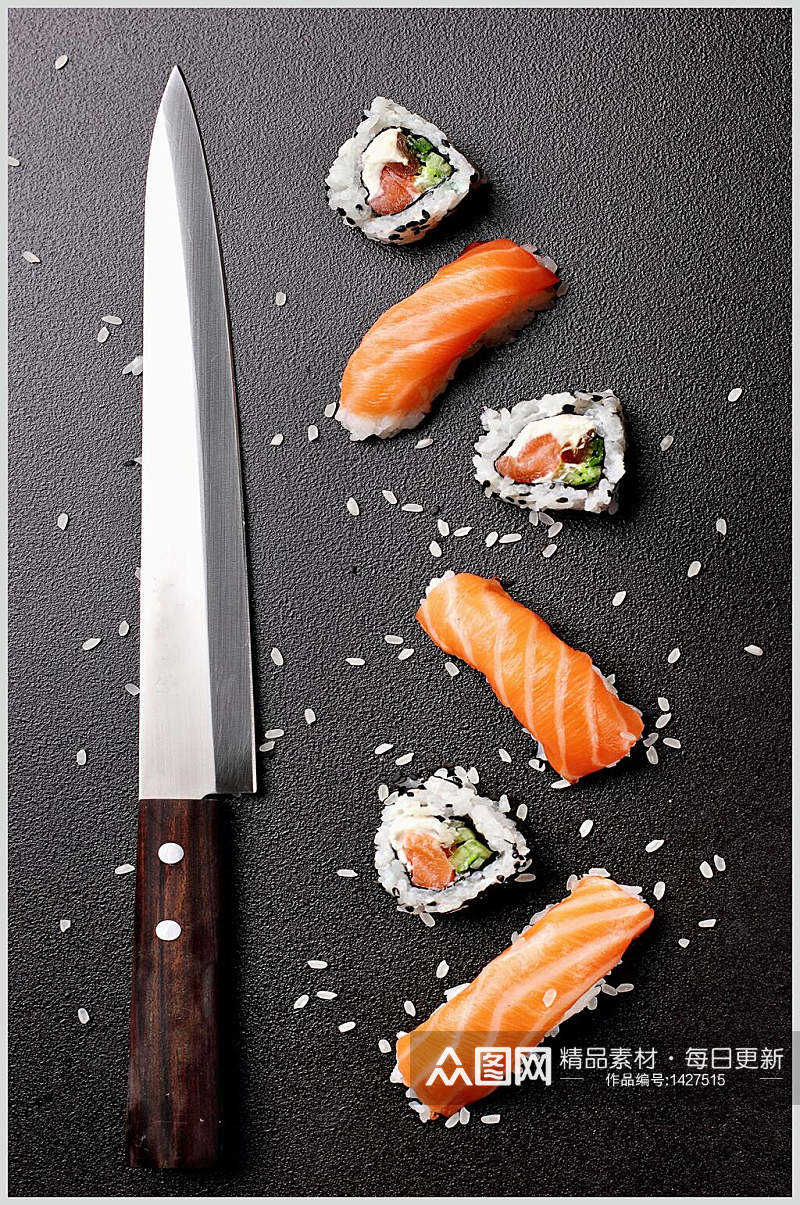 寿司美食三文鱼手握小卷和刀视觉摄影图素材