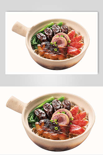 美味砂锅饭中式简餐腊肉拼盘菜单摄影图