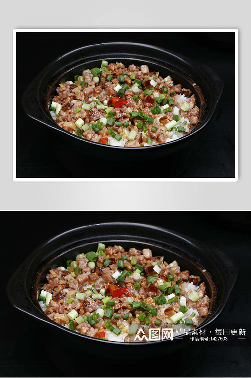 美味砂锅饭中式简餐肉沫蘑菇摄影图素材