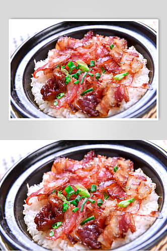 美味砂锅饭中式腊肉葱花特写摄影图