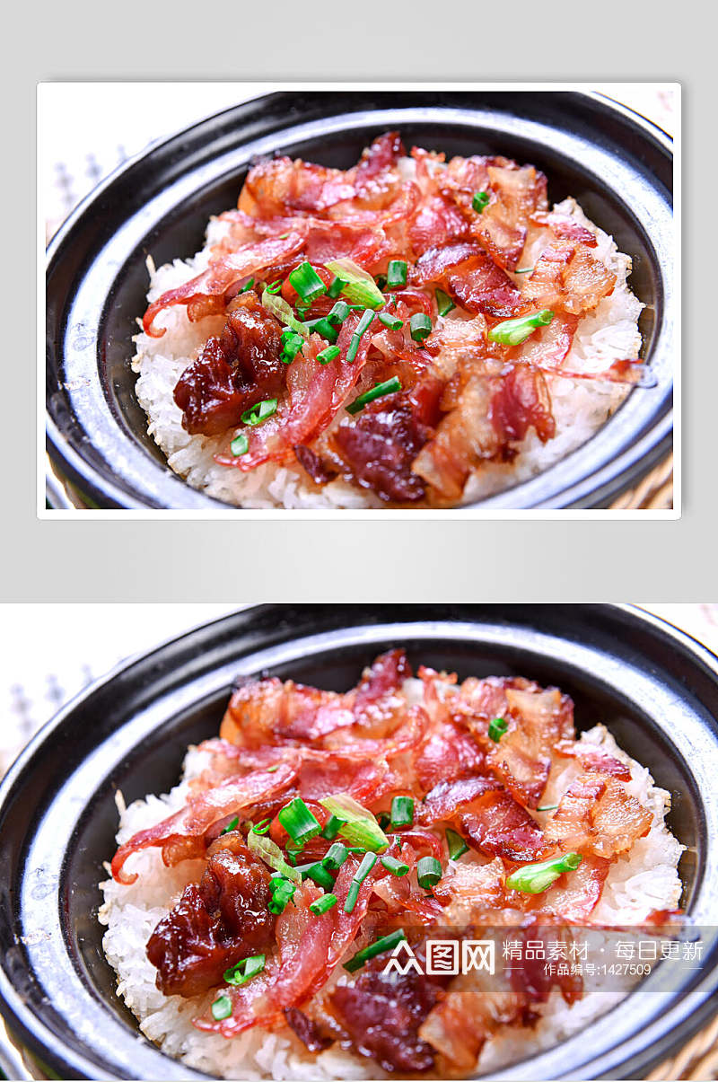 美味砂锅饭中式腊肉葱花特写摄影图素材