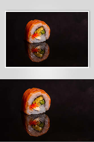 寿司美食一个三文鱼小卷倒影免抠背景