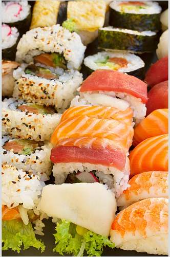 寿司美食三文鱼手握小卷日式外卖套餐摄影图