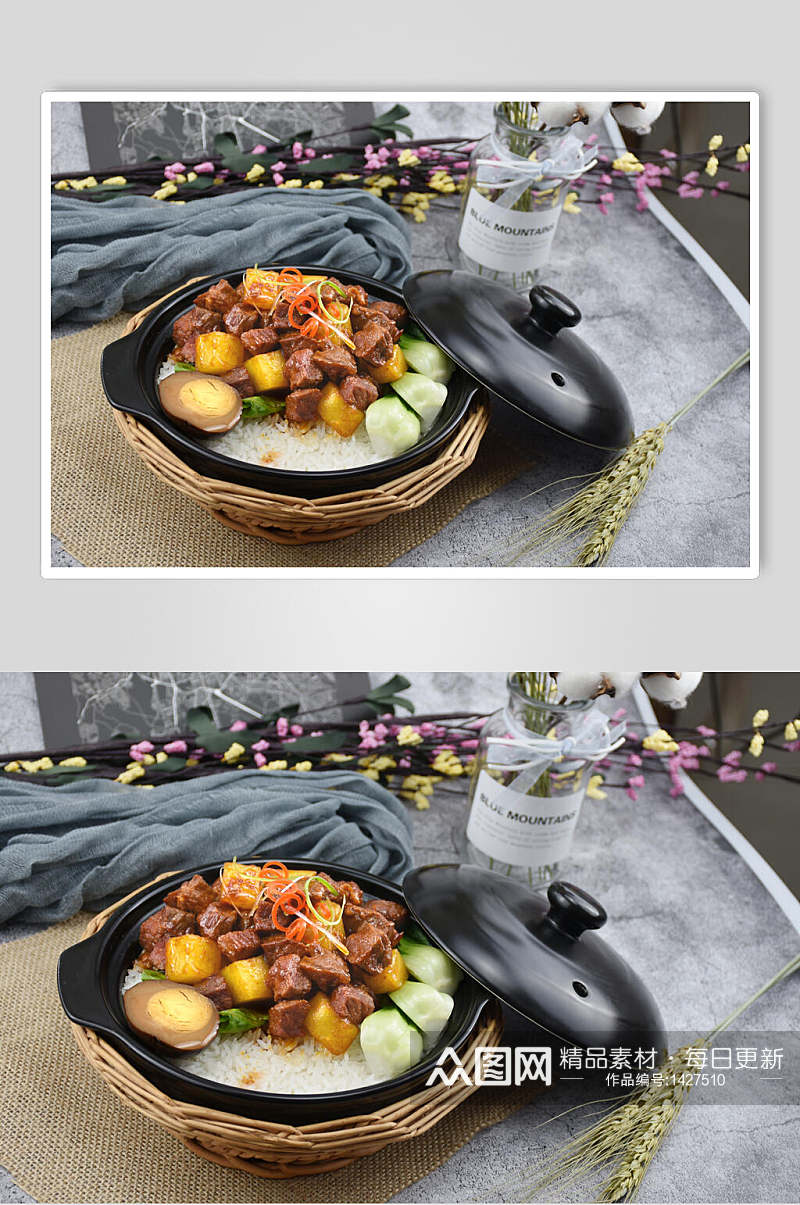 美味砂锅饭中式简餐肉块蔬菜视觉摄影图素材