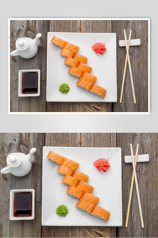 寿司美食三文鱼小卷摆盘艺术视觉摄影图