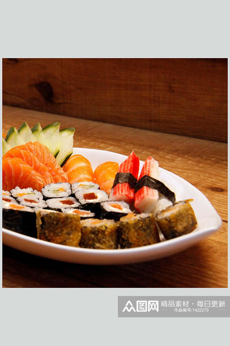 寿司美食一盘寿司三文鱼小卷油炸卷免抠背景素材