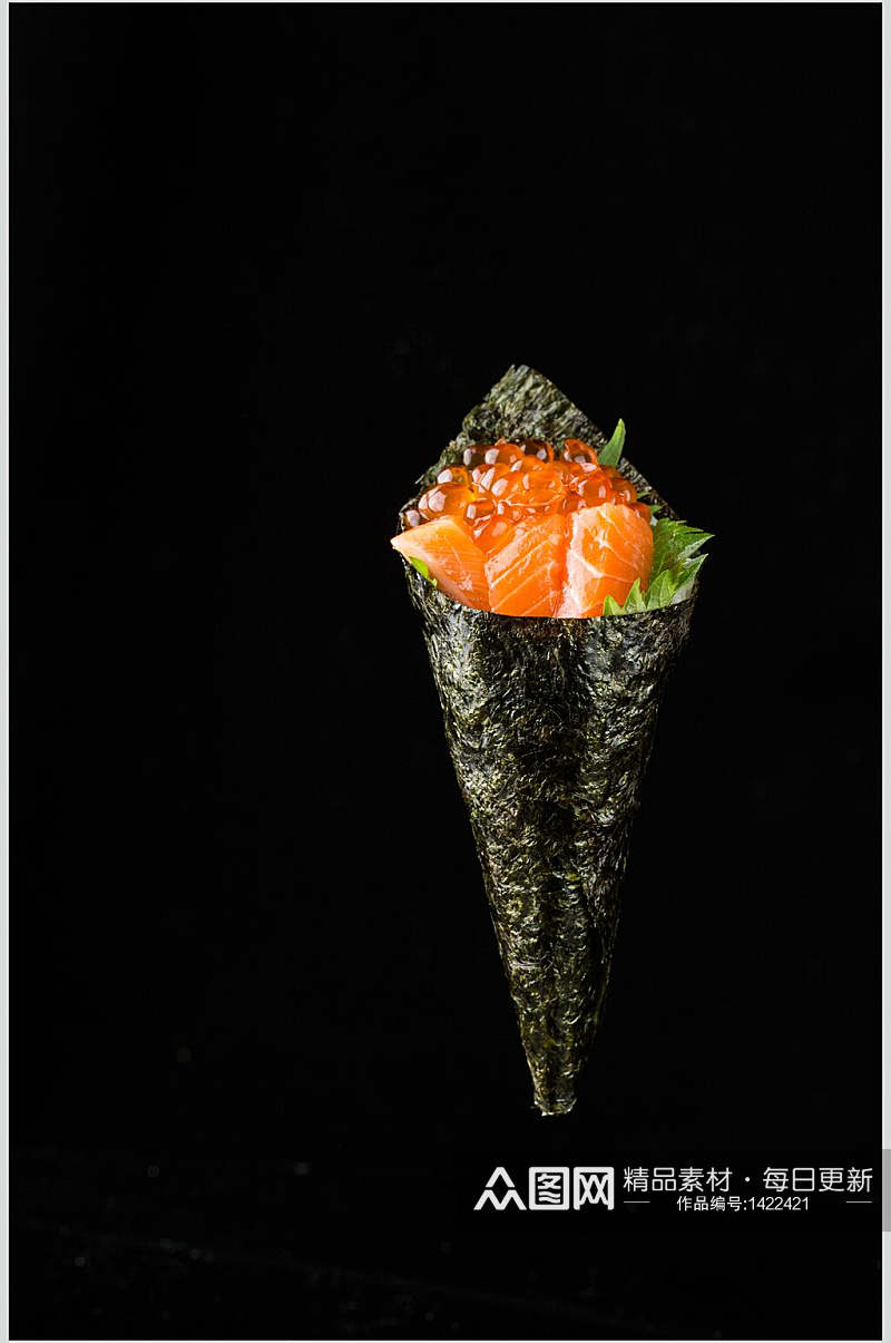 寿司美食黑底摄影视觉三文鱼手卷免抠背景素材