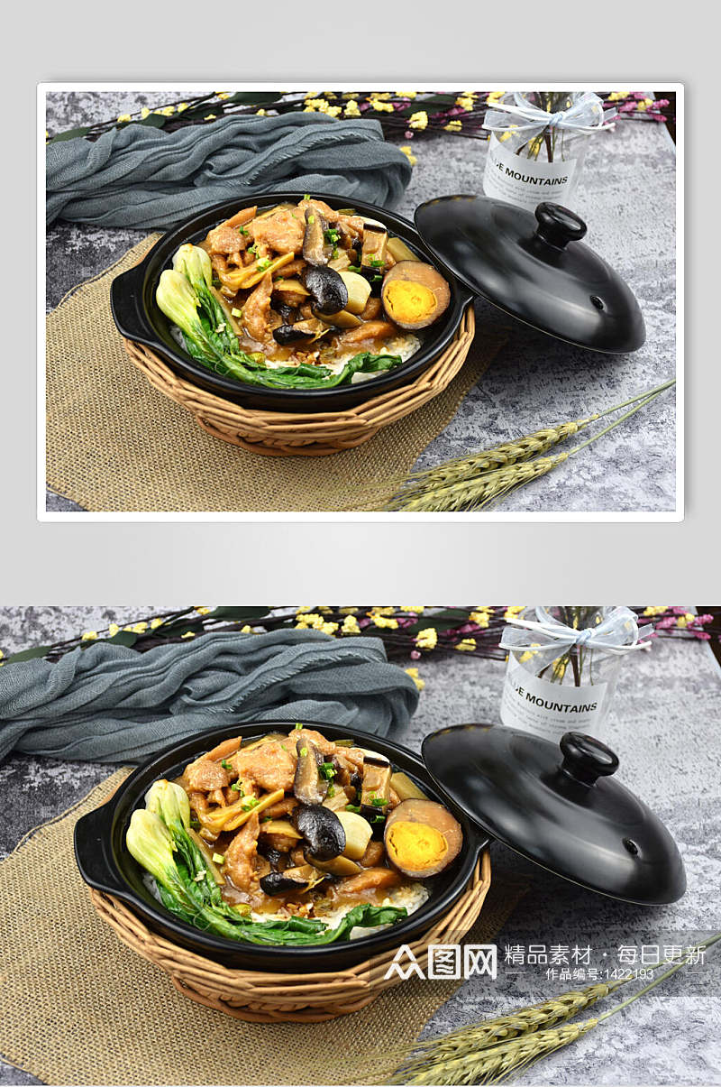 砂锅饭中式美食肉片蘑菇蔬菜套餐免抠背景素材