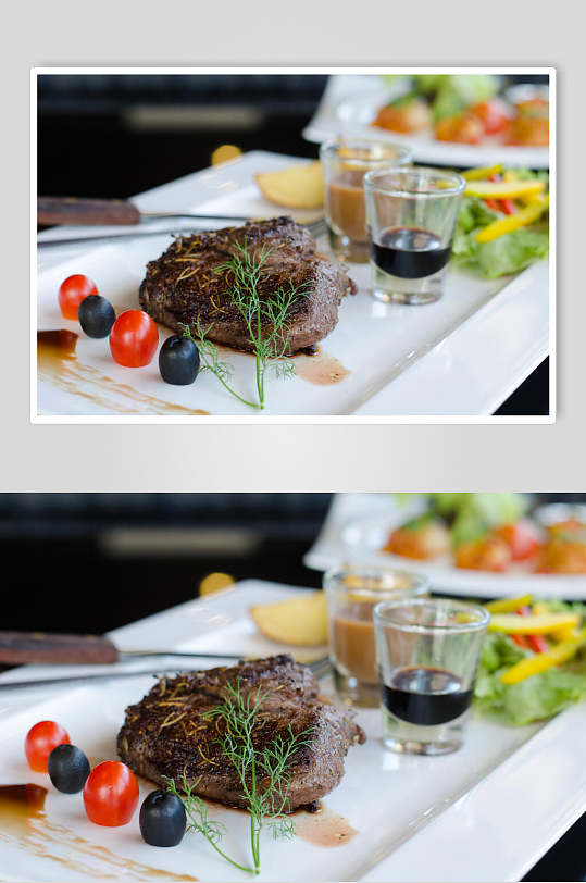 精致摆盘牛排摄影图