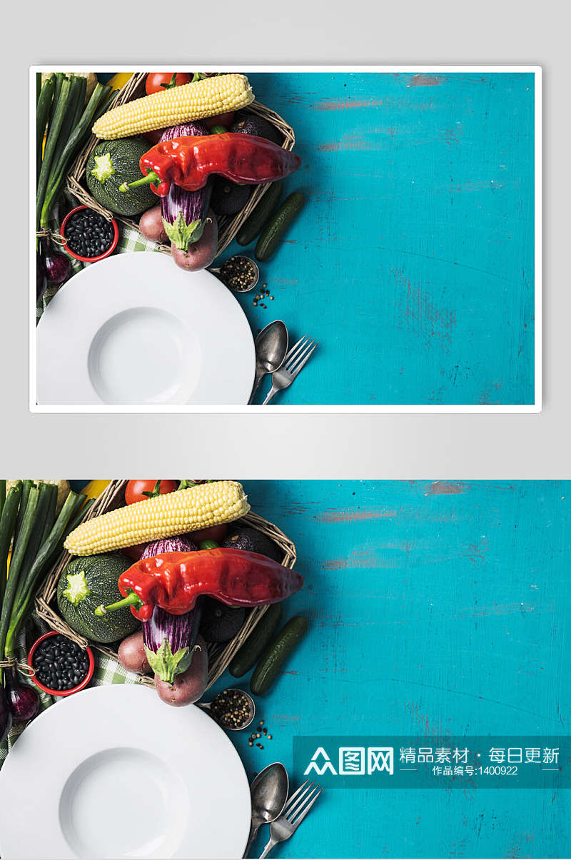 蓝色美食蔬菜摆拍海报素材