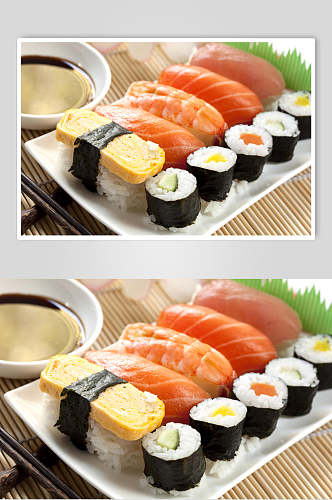 寿司美食三文鱼小卷日式菜单套餐摄影图