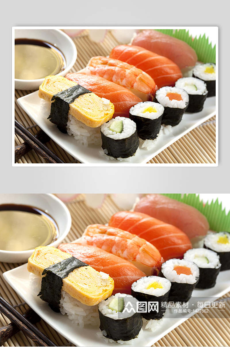 寿司美食三文鱼小卷日式菜单套餐摄影图素材