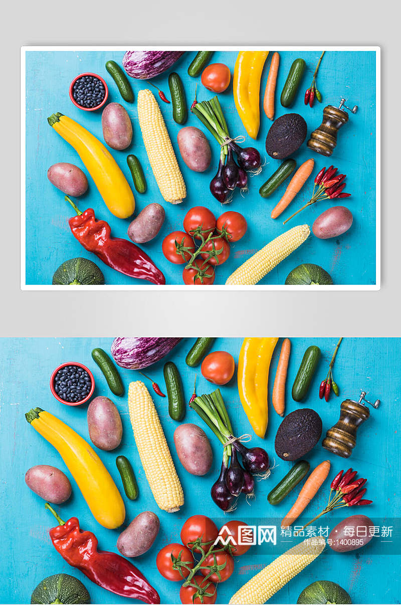 蓝色美食蔬菜摆拍海报素材