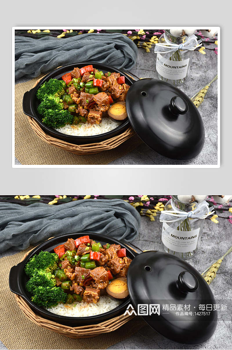 美味砂锅饭中式简餐西蓝花菜炒肉摄影图素材