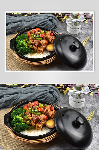 美味砂锅饭中式简餐西蓝花菜炒肉摄影图