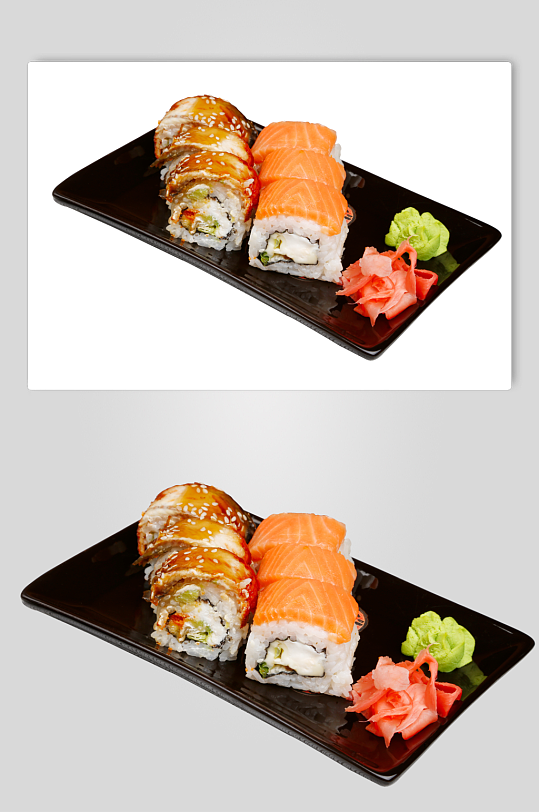 单品灰白底三文鱼日式料理海报