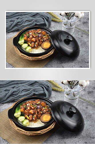 美味砂锅饭中式简餐肉块上海青卤蛋摄影图