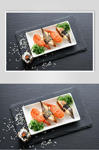 寿司美食三文鱼手握日式摆盘菜单摄影图