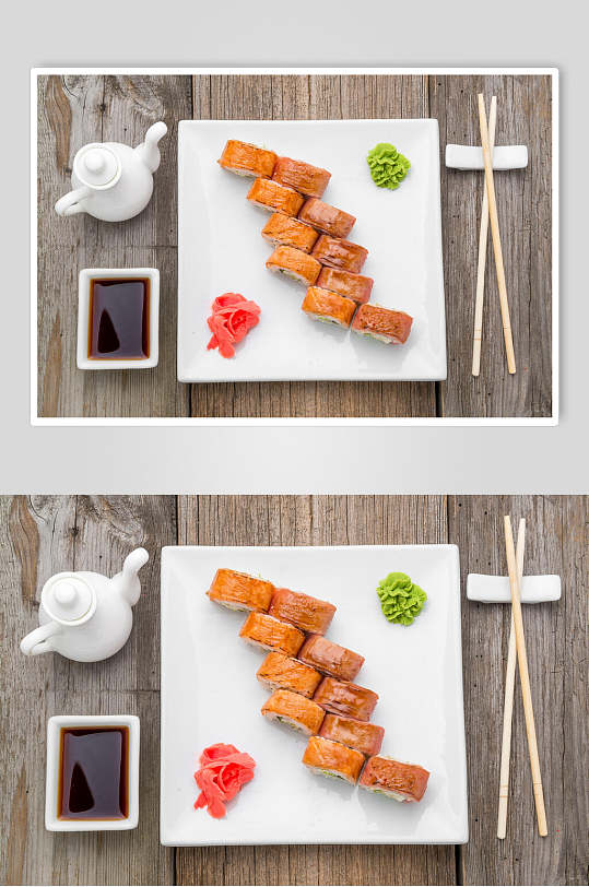 寿司美食十个里卷日式餐单蘸料摄影图