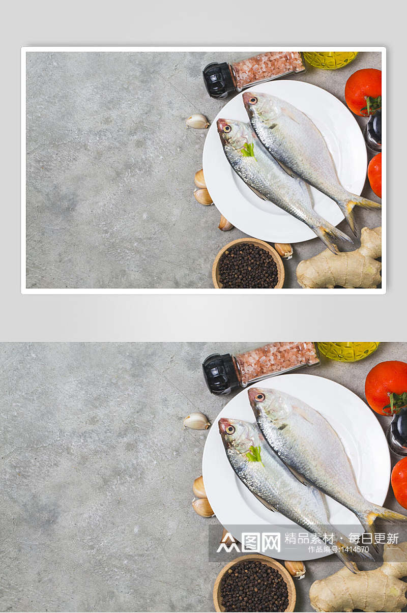 美食插画简洁鱼和配料摆盘素材