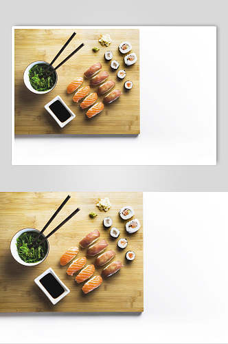寿司美食三文鱼小卷日式菜单摆盘艺术摄影图