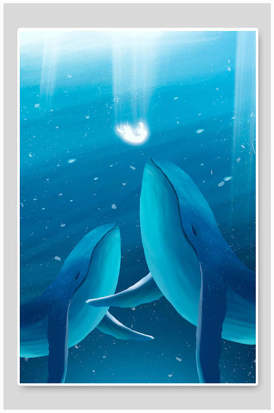 蓝色海洋鲸梦清新扁平世界海洋日海洋馆鲸鱼插画