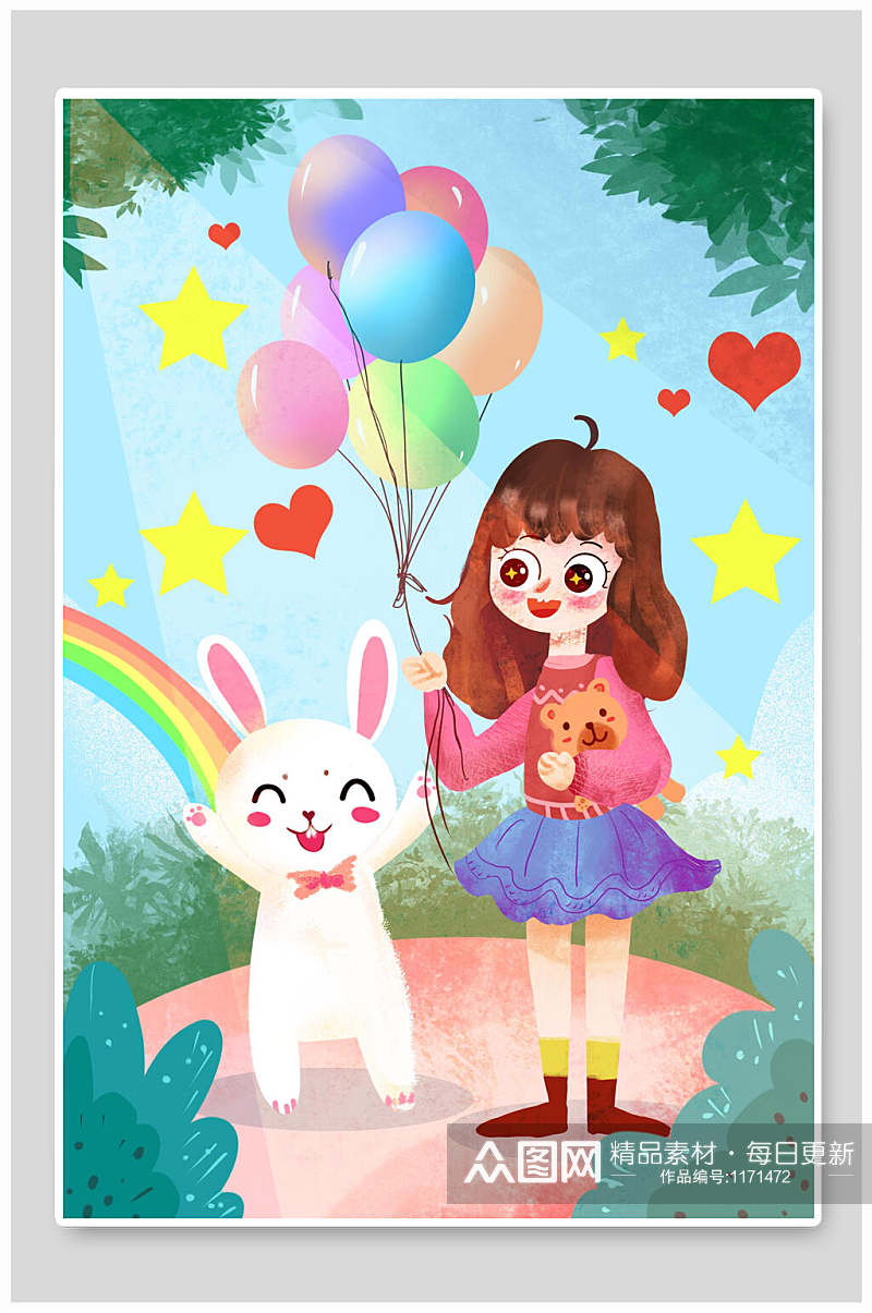 兔子气球女孩简约儿童节插画海报设计素材