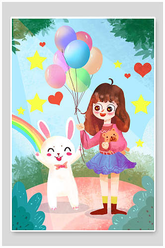兔子气球女孩简约儿童节插画海报设计