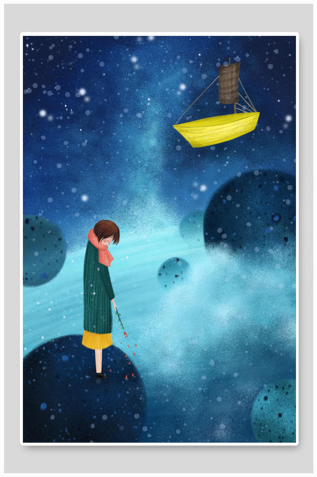 遗落孤舟唯美卡通梦幻插画