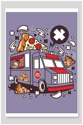 汽车披萨涂鸦插画印花图案设计