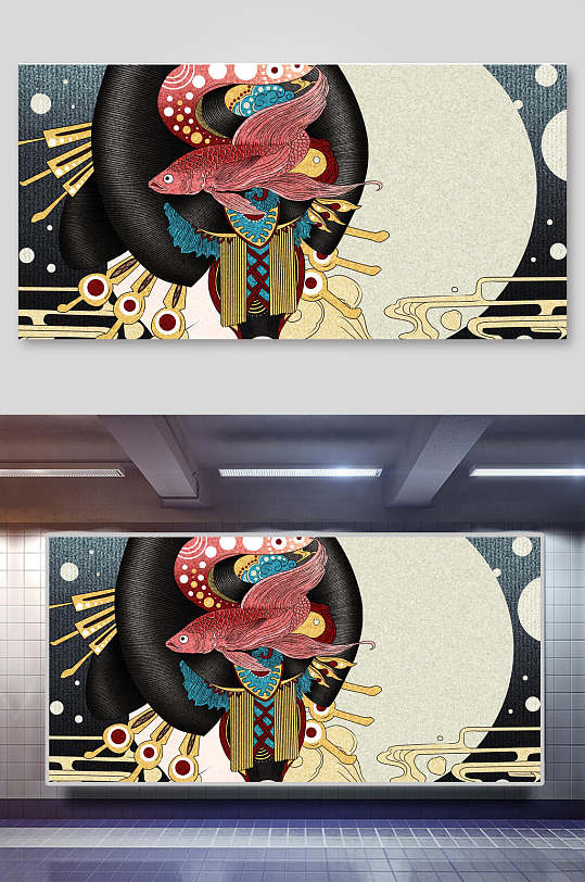 日本艺妓头饰日式手绘插画和风-众图网