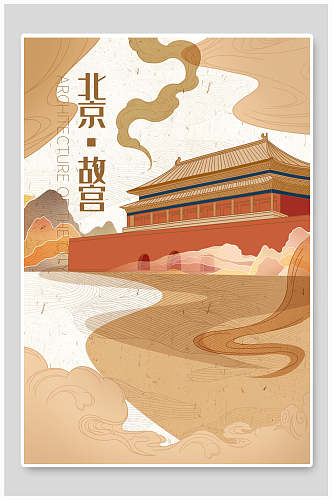 北京故宫国潮风简约手绘城市印象插画