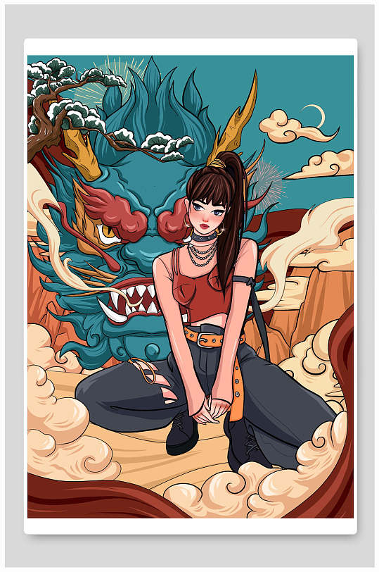 嘻哈龙女生国潮风人物手绘插画海报设计-众图网