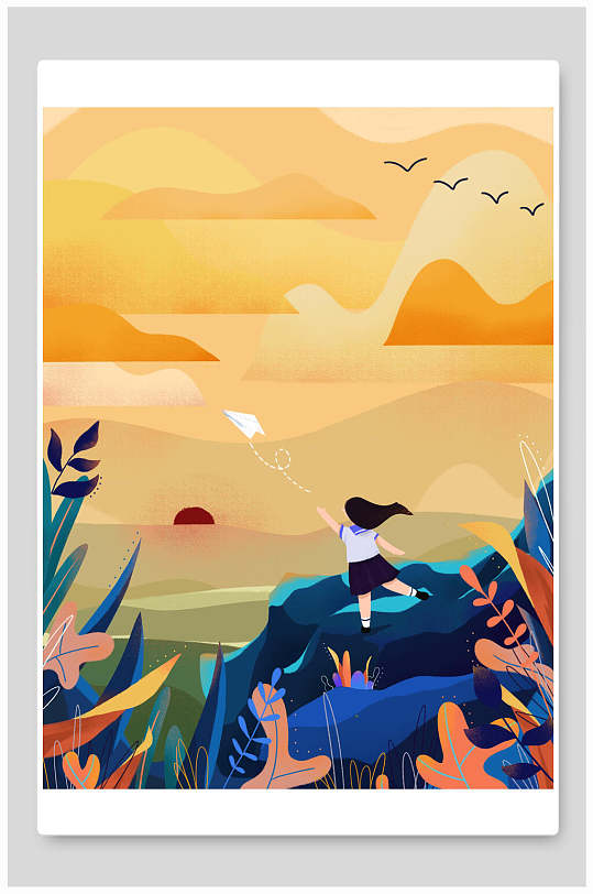 放飞纸飞机现代简约学校学生读书手绘插画